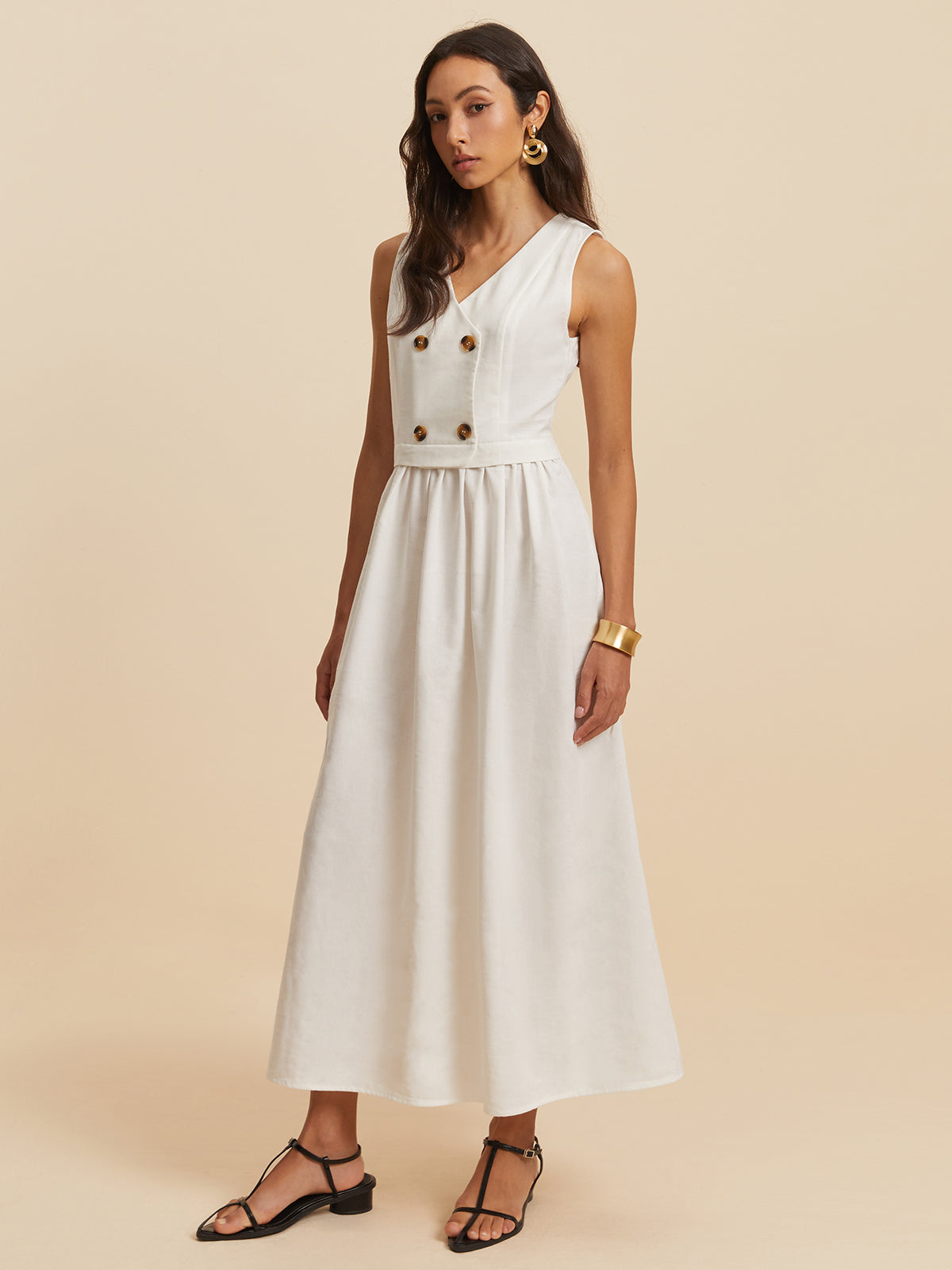Cotton & Linen Button Sleeveless Dress-Chicvia