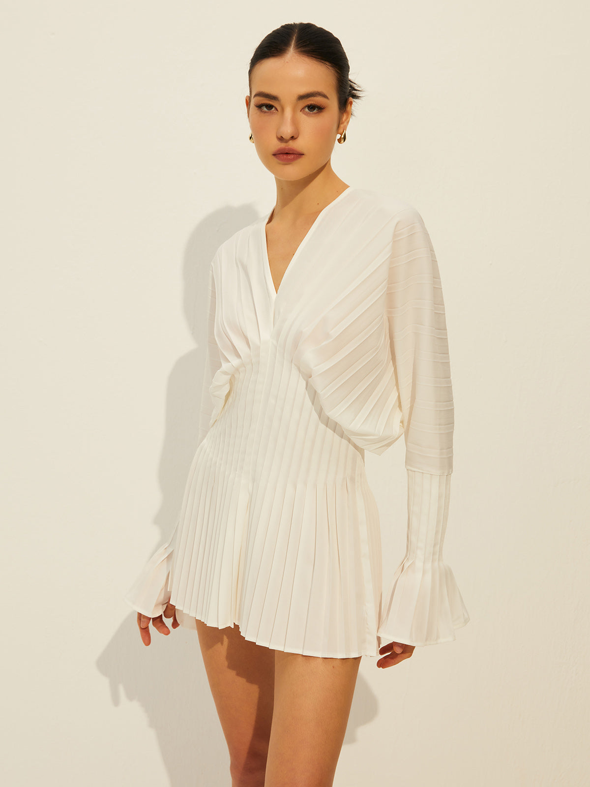 Pleated V-Neck Long Sleeve Dress-Chicvia