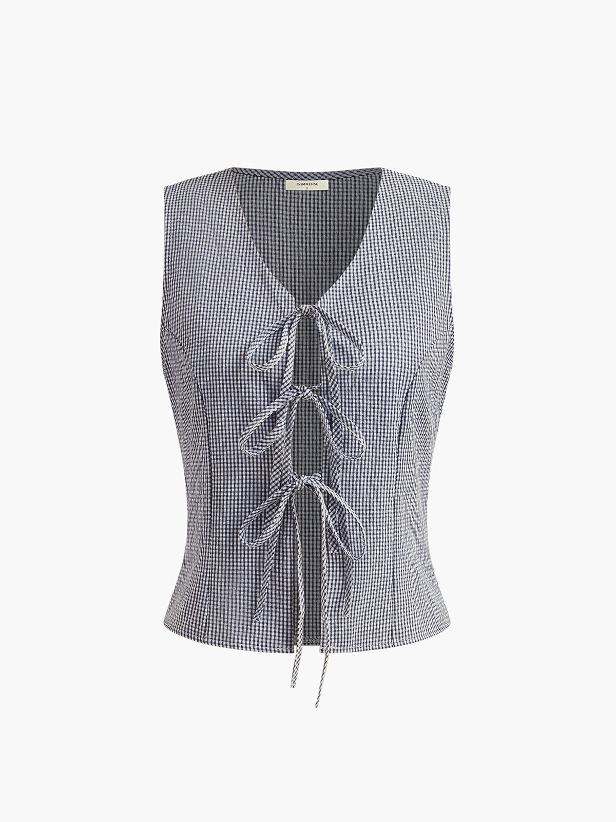 Plaid Knotted V-Neck Vest-Chicvia
