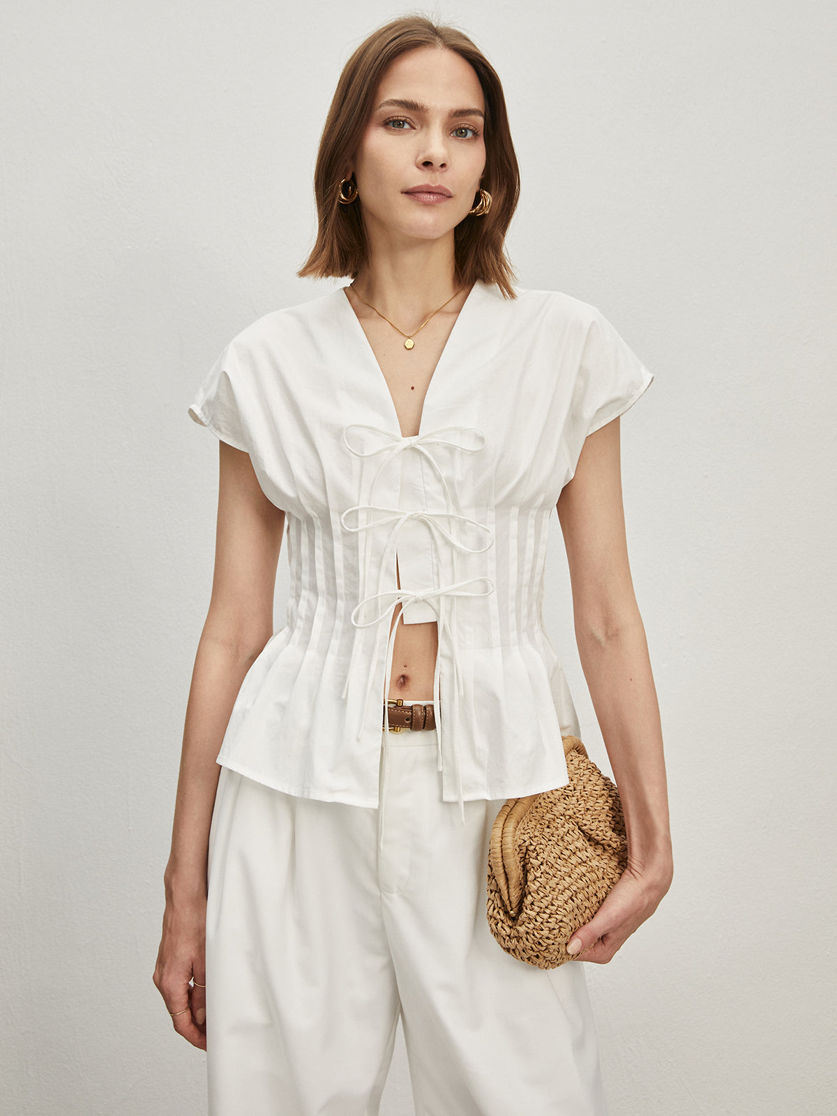 Cotton Pleated Knotted Blouse-Chicvia