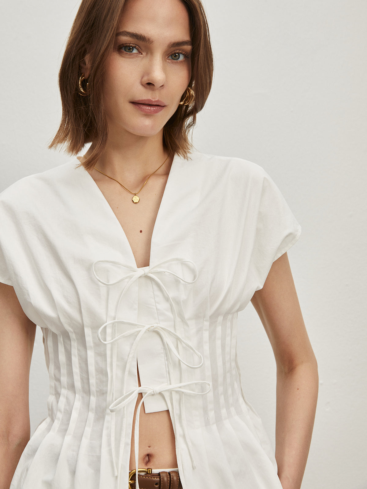 Cotton Pleated Knotted Blouse-Chicvia