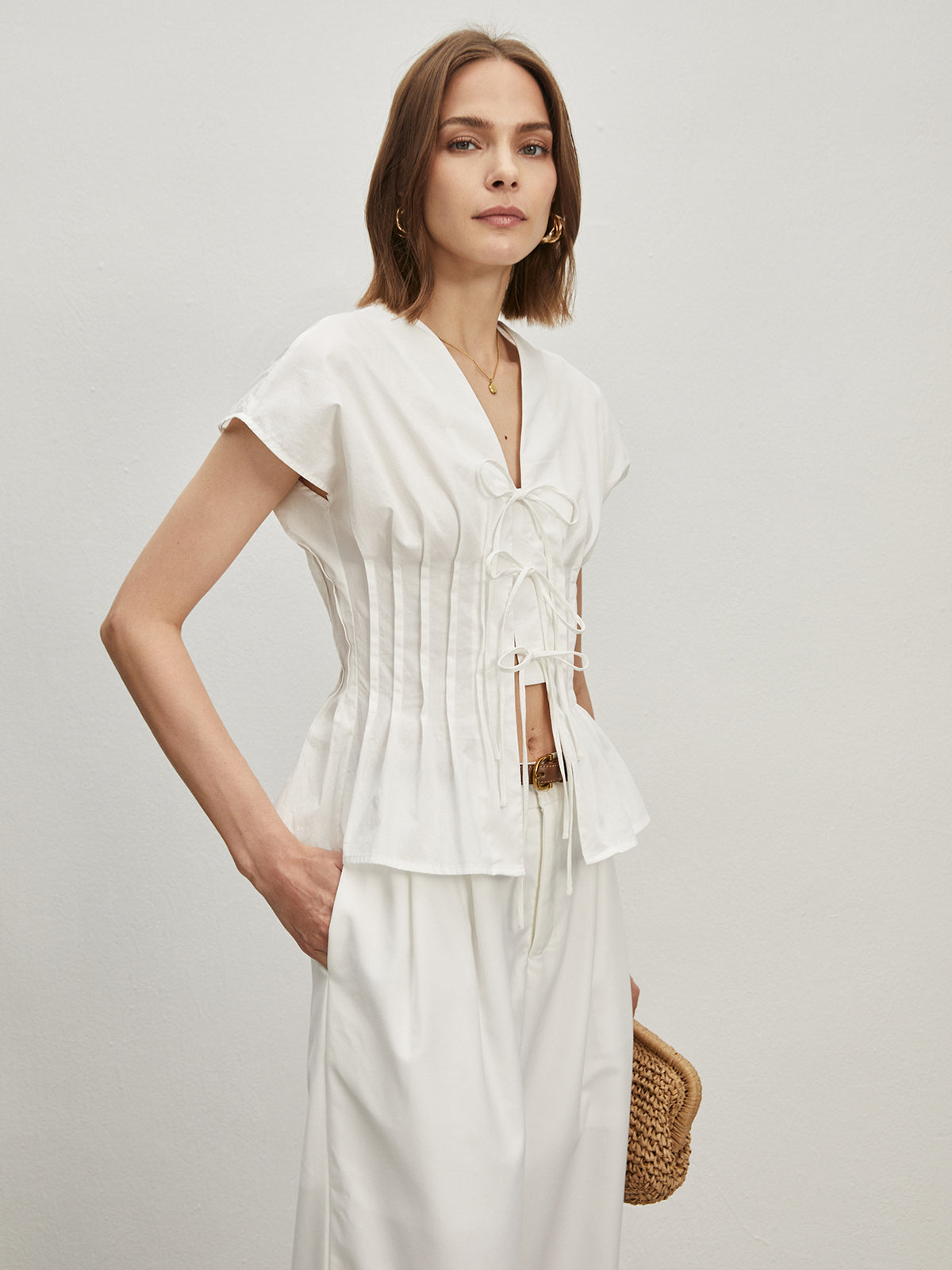 Cotton Pleated Knotted Blouse-Chicvia