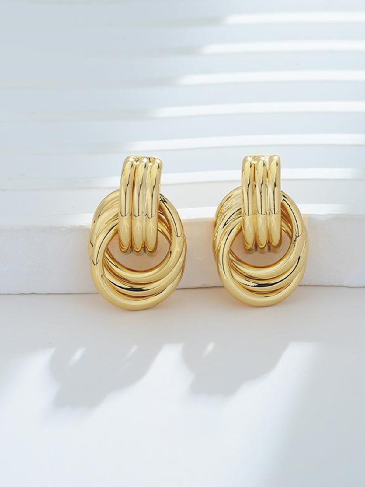 Gold Tone Multi Ring Drop Earrings-Chicvia