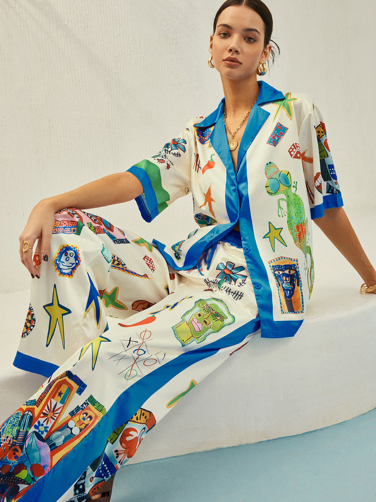 Contrast Binding Print Pants Set-Chicvia