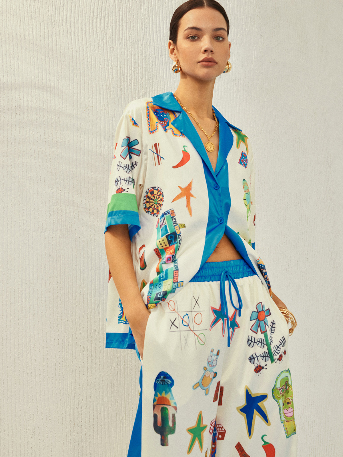 Contrast Binding Print Pants Set-Chicvia