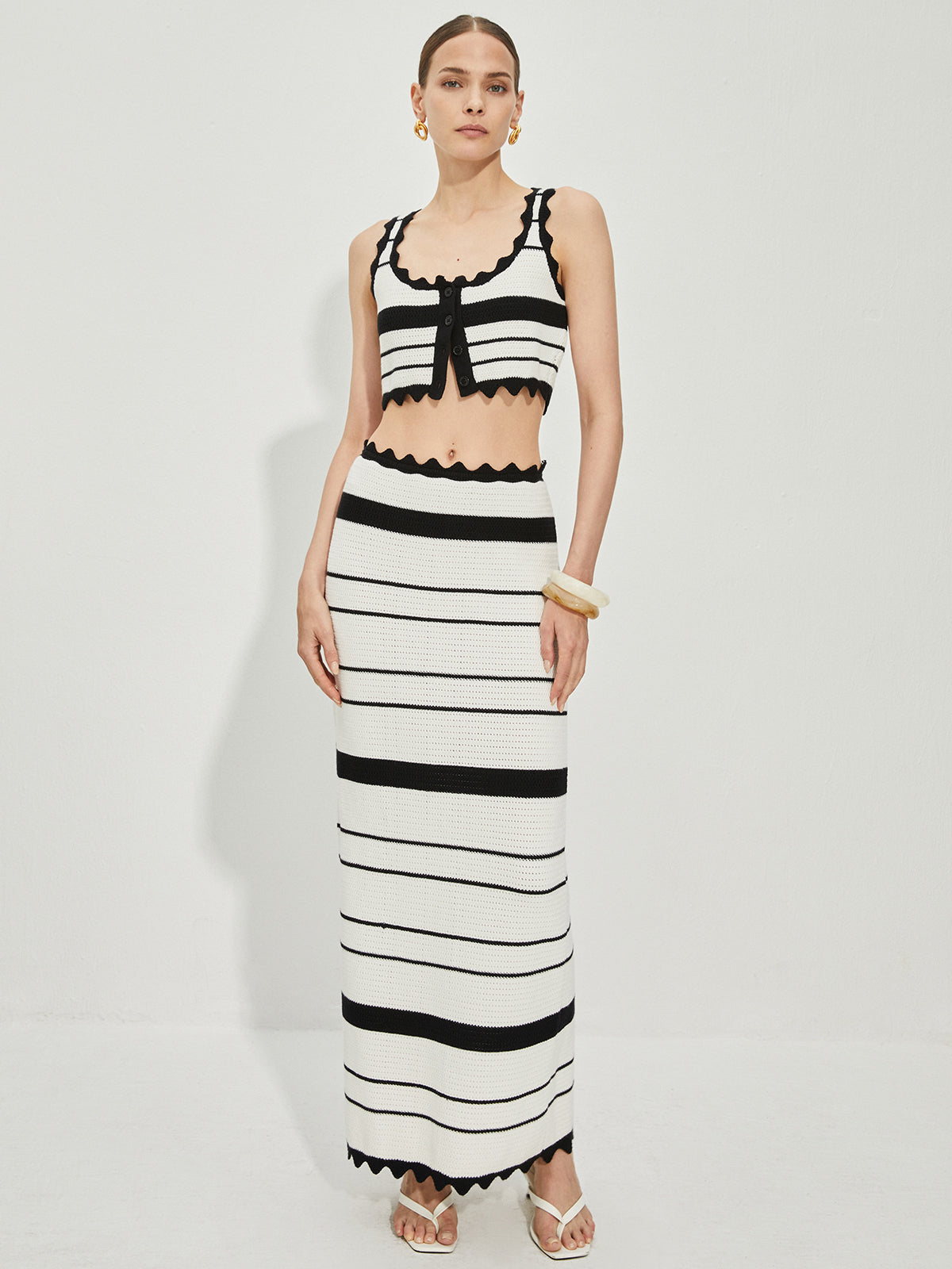 Contrast Trim Stripe Knit Skirt Set-Chicvia