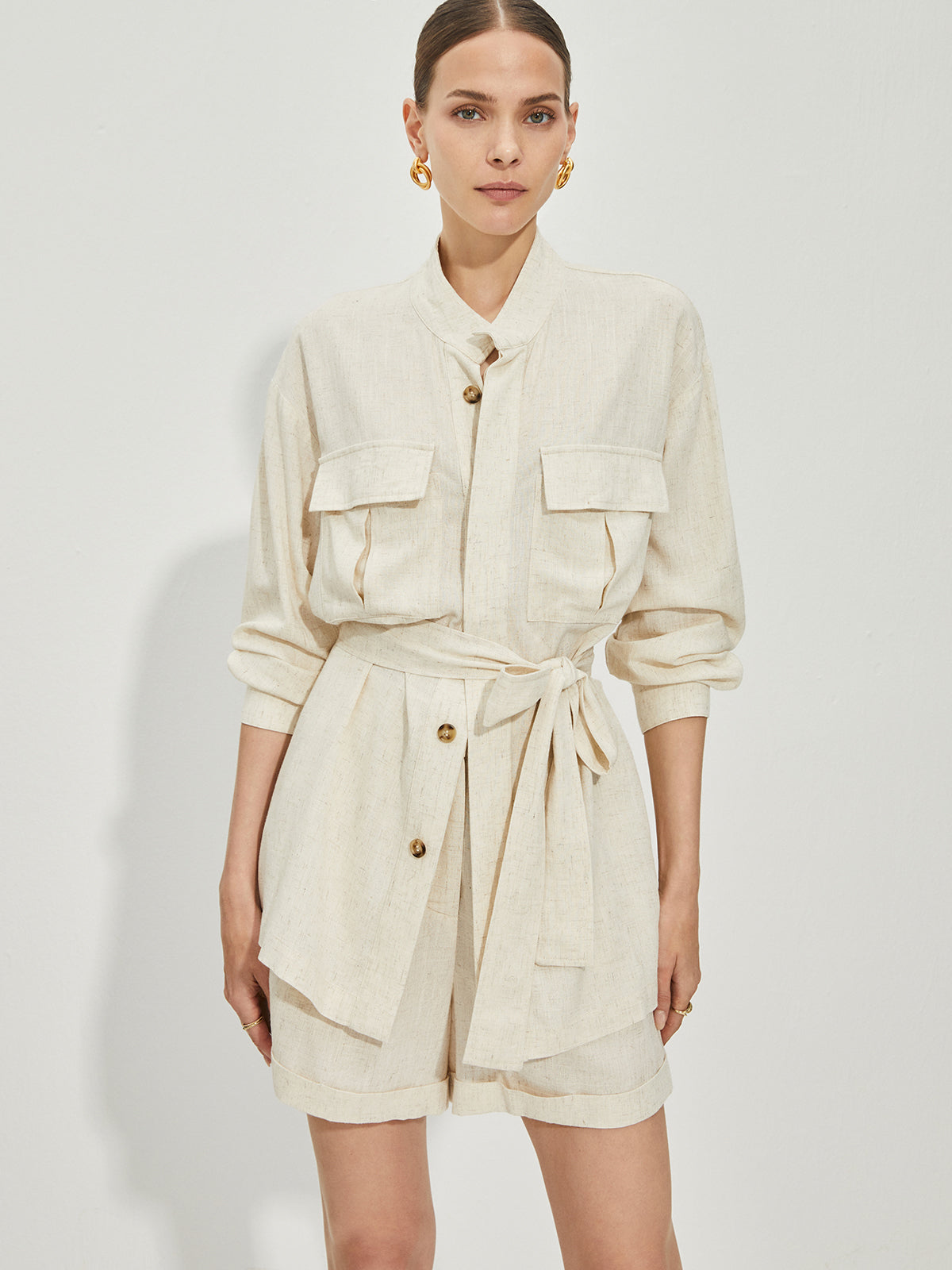 Casual Cotton & Linen Shorts Set With Belt-Chicvia