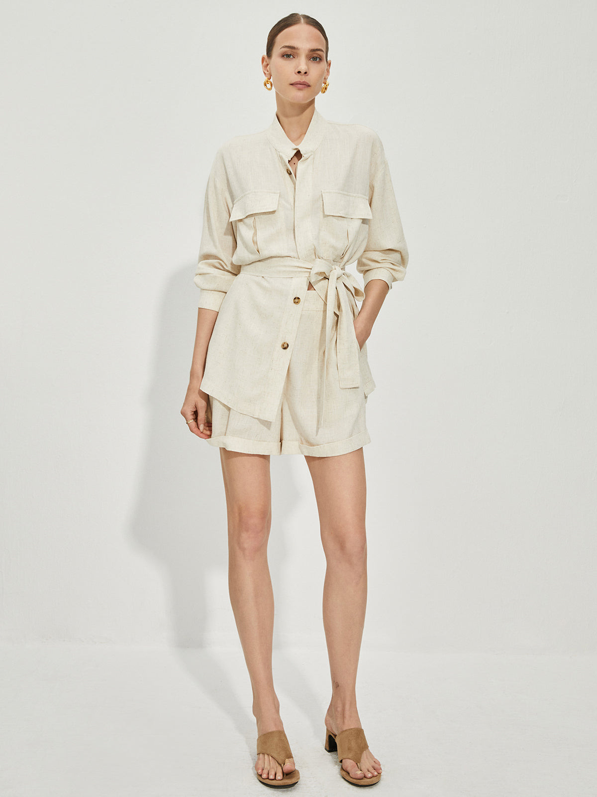 Casual Cotton & Linen Shorts Set With Belt-Chicvia