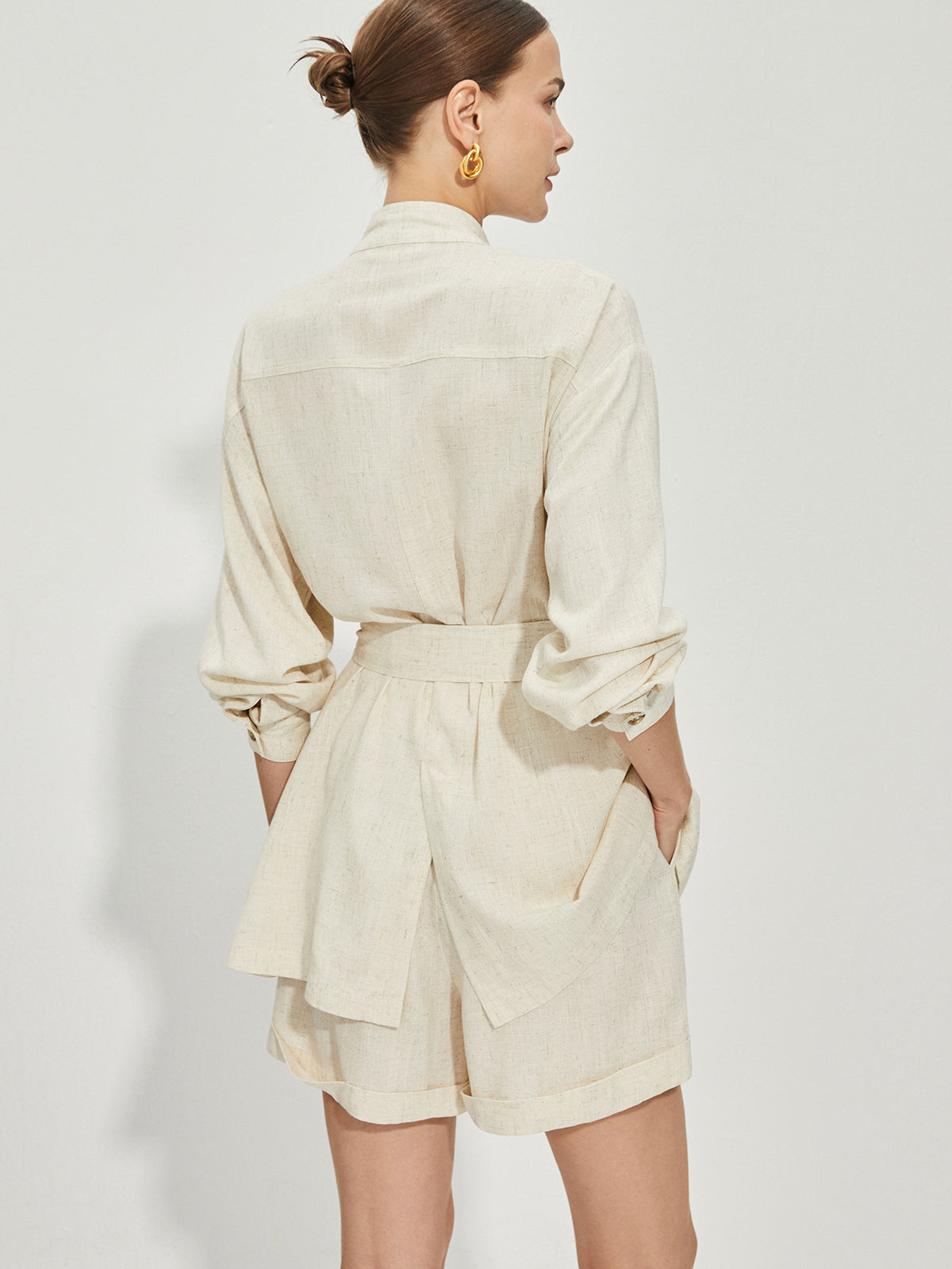 Casual Cotton & Linen Shorts Set With Belt-Chicvia