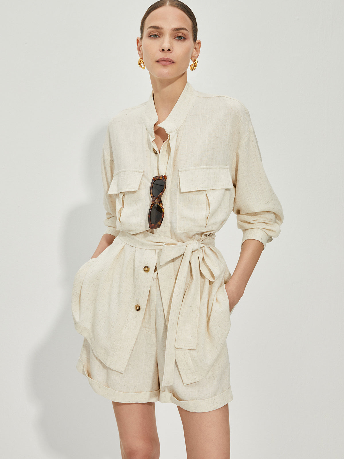 Casual Cotton & Linen Shorts Set With Belt-Chicvia