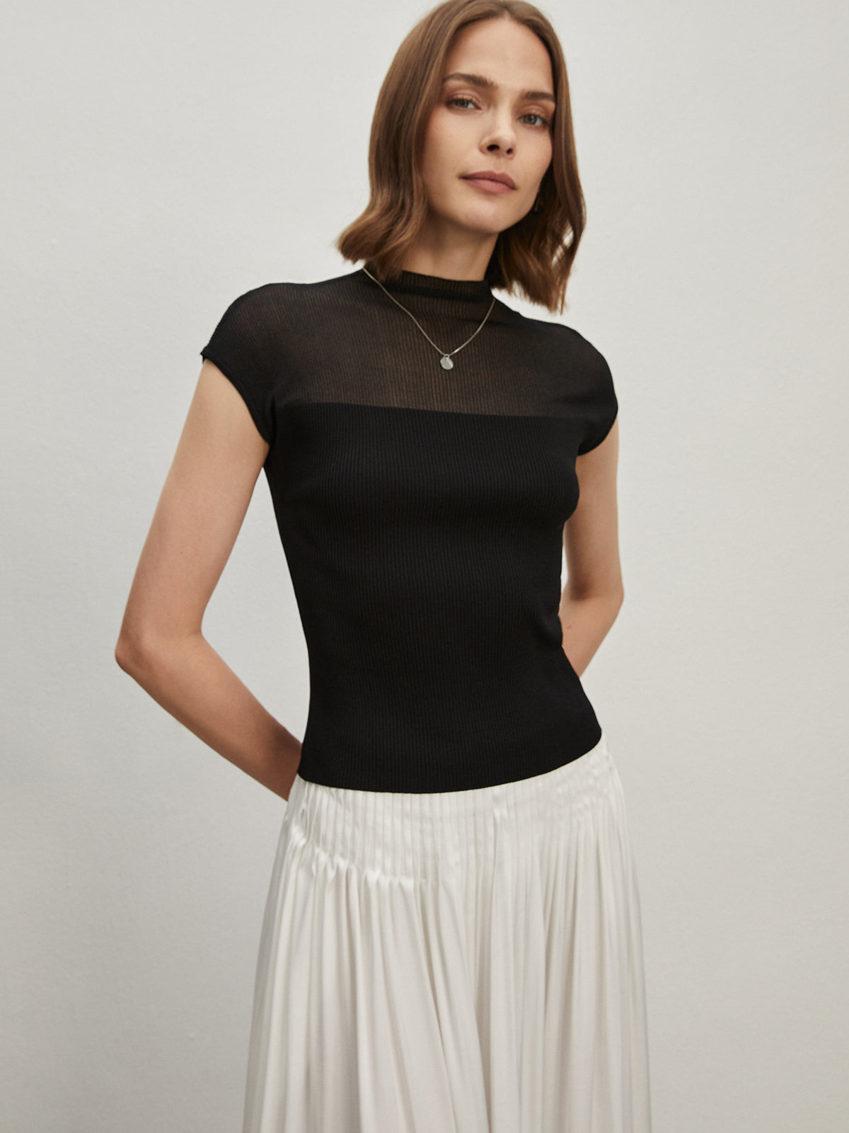 Cap Shoulder Ribbed Knit Top-Chicvia