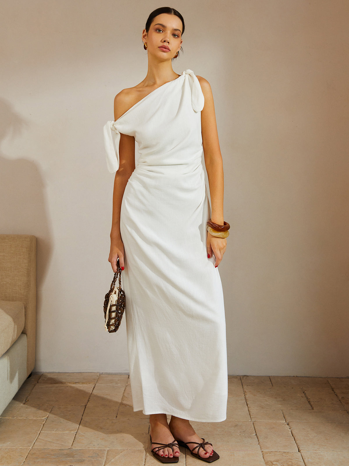 Cotton & Linen Knotted Strap Long Dress-Chicvia