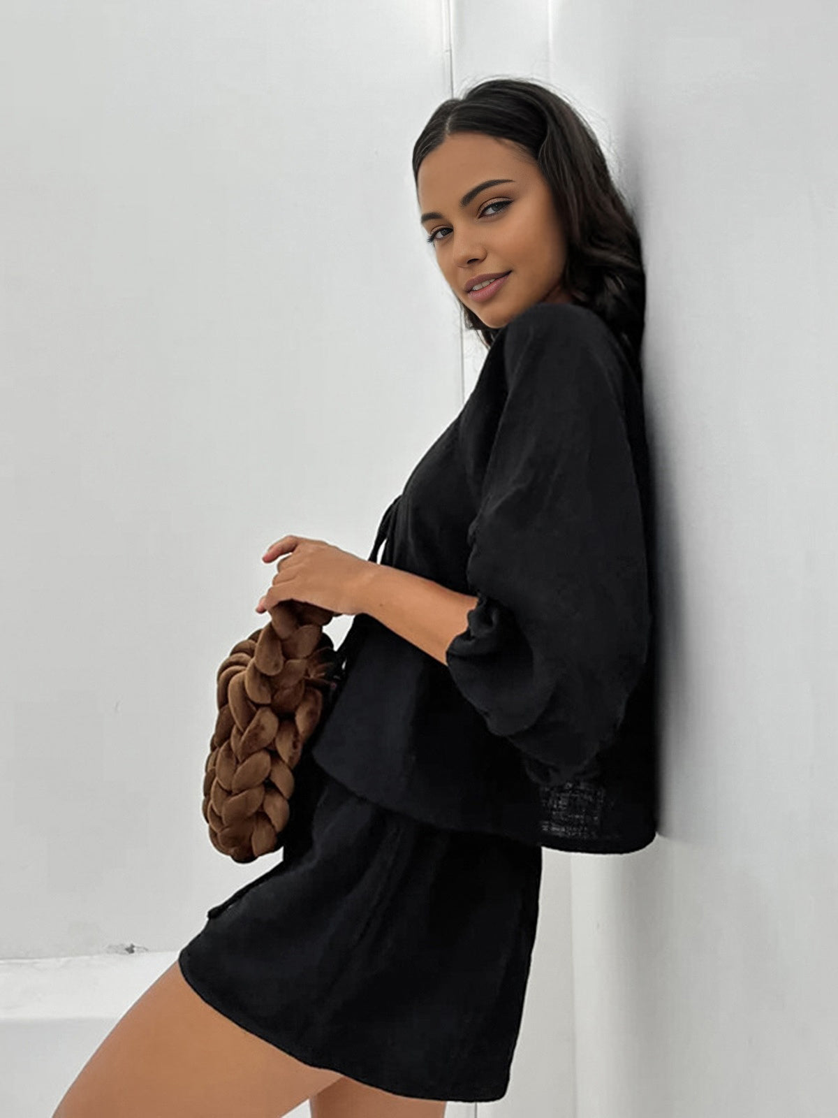 Cotton Tie-Front Long Sleeve Shorts Set-Chicvia