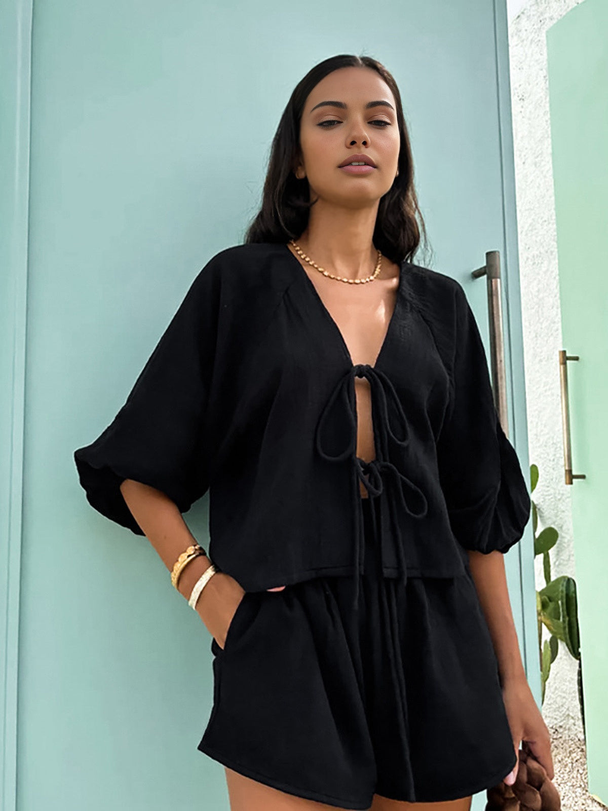 Cotton Tie-Front Long Sleeve Shorts Set-Chicvia