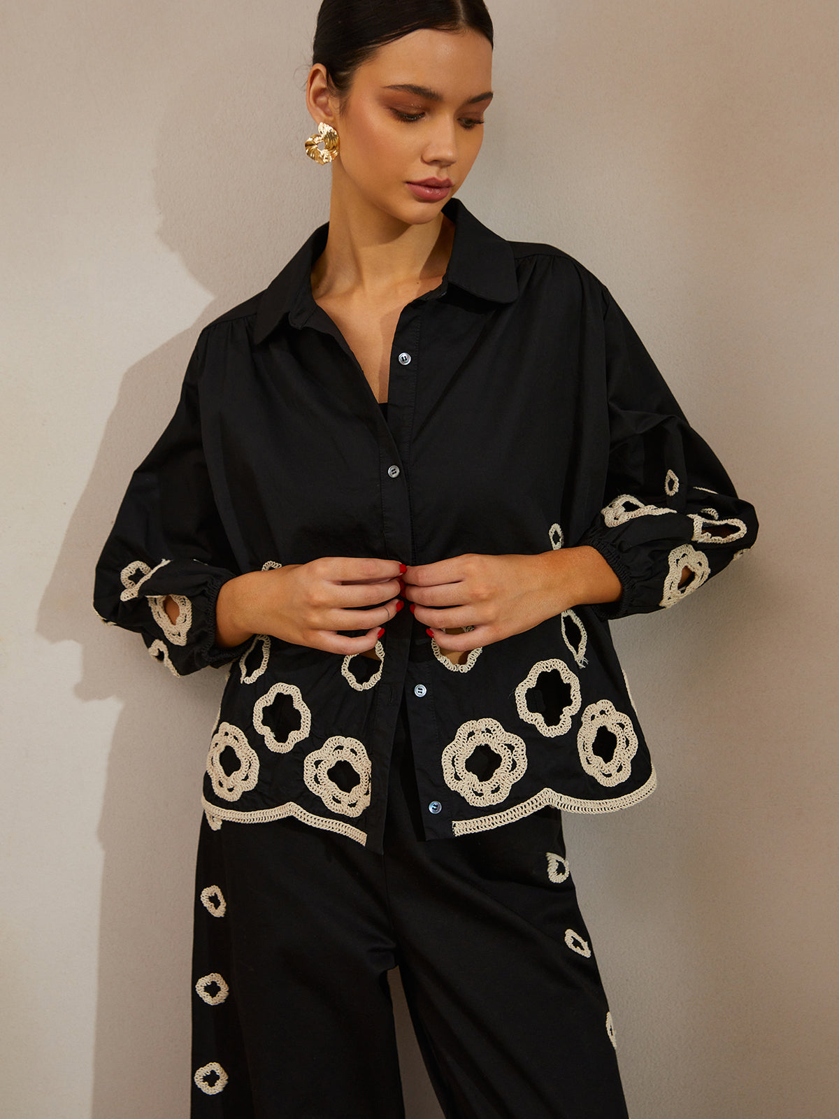 Cotton Hollow Embroidered Blouse-Chicvia