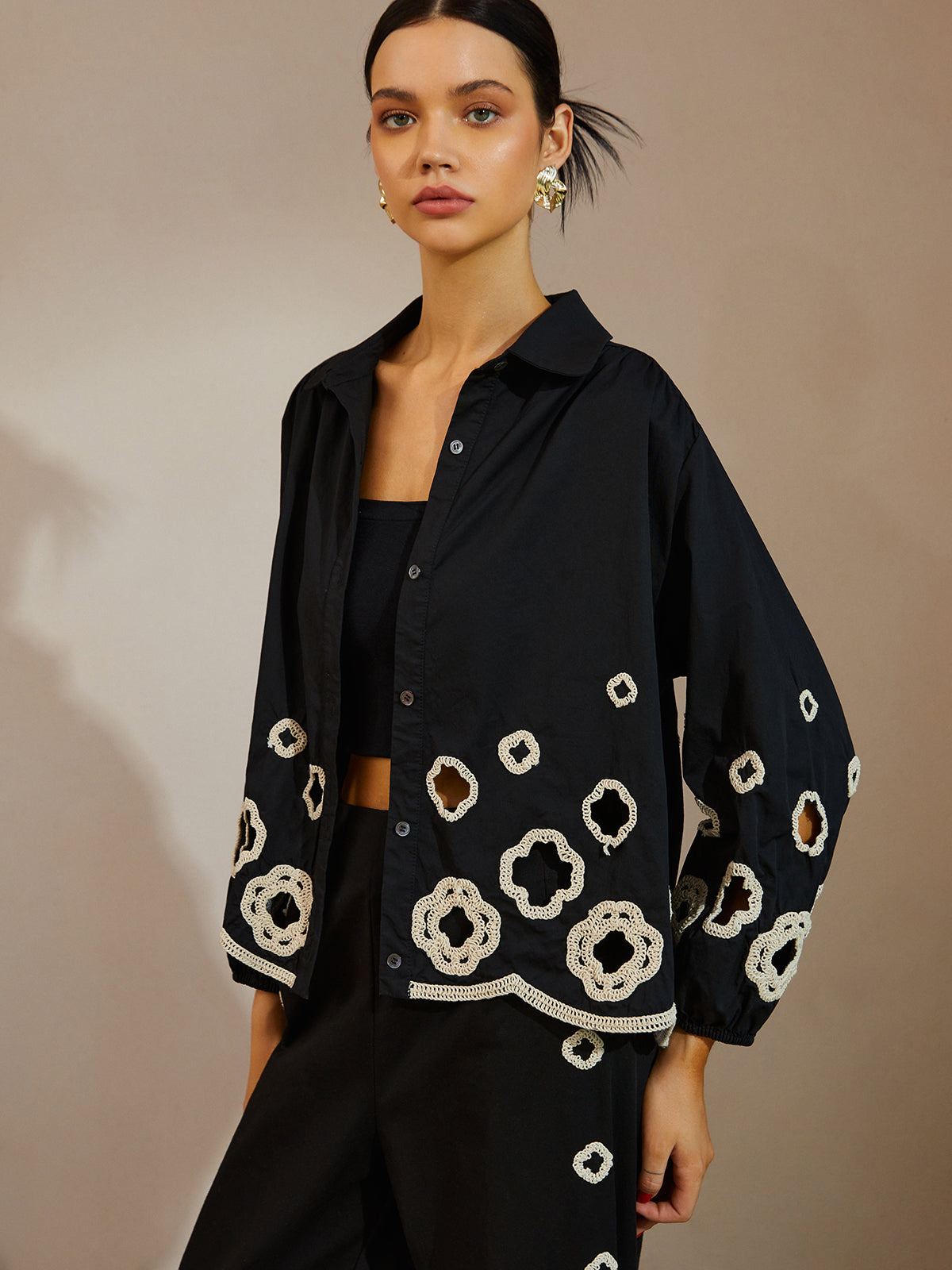 Cotton Hollow Embroidered Blouse-Chicvia