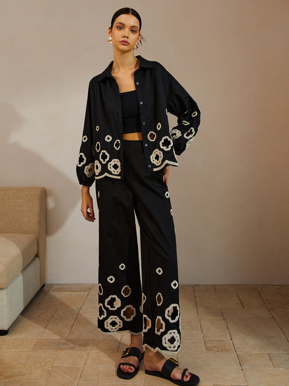 Cotton Hollow Embroidered Blouse-Chicvia