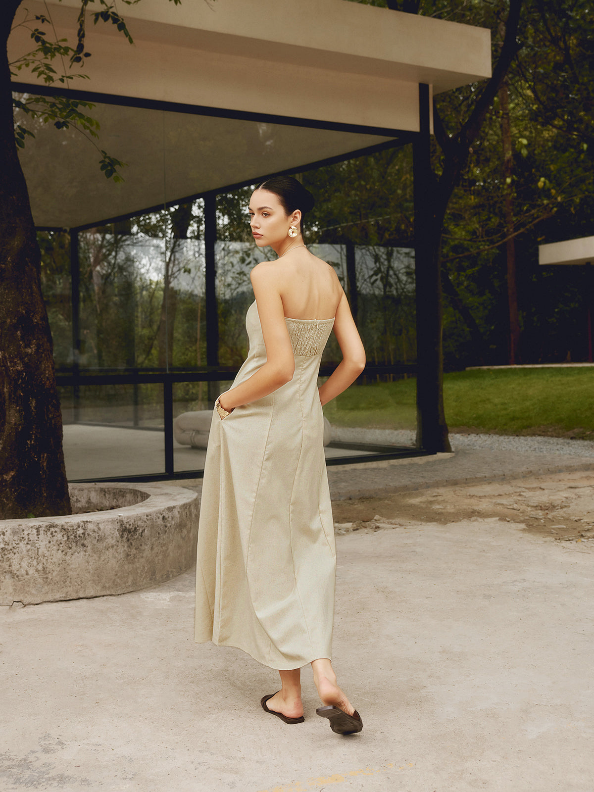 Cotton & Linen Shirred Pocket Long Dress-Chicvia