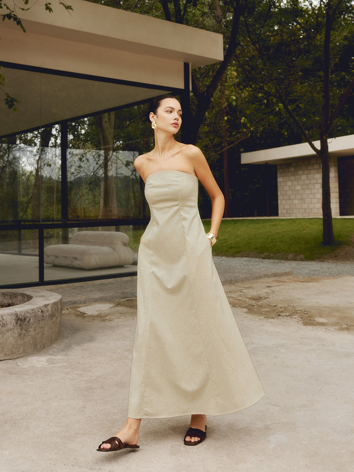 Cotton & Linen Shirred Pocket Long Dress-Chicvia