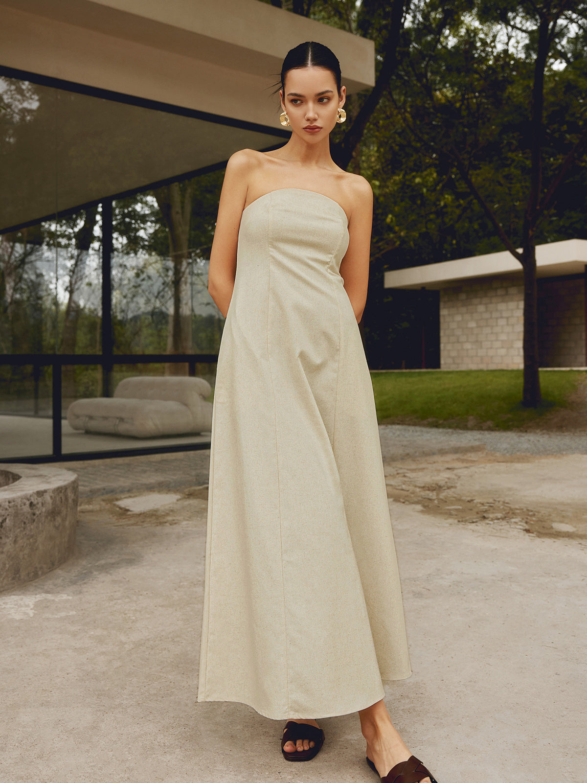 Cotton & Linen Shirred Pocket Long Dress-Chicvia