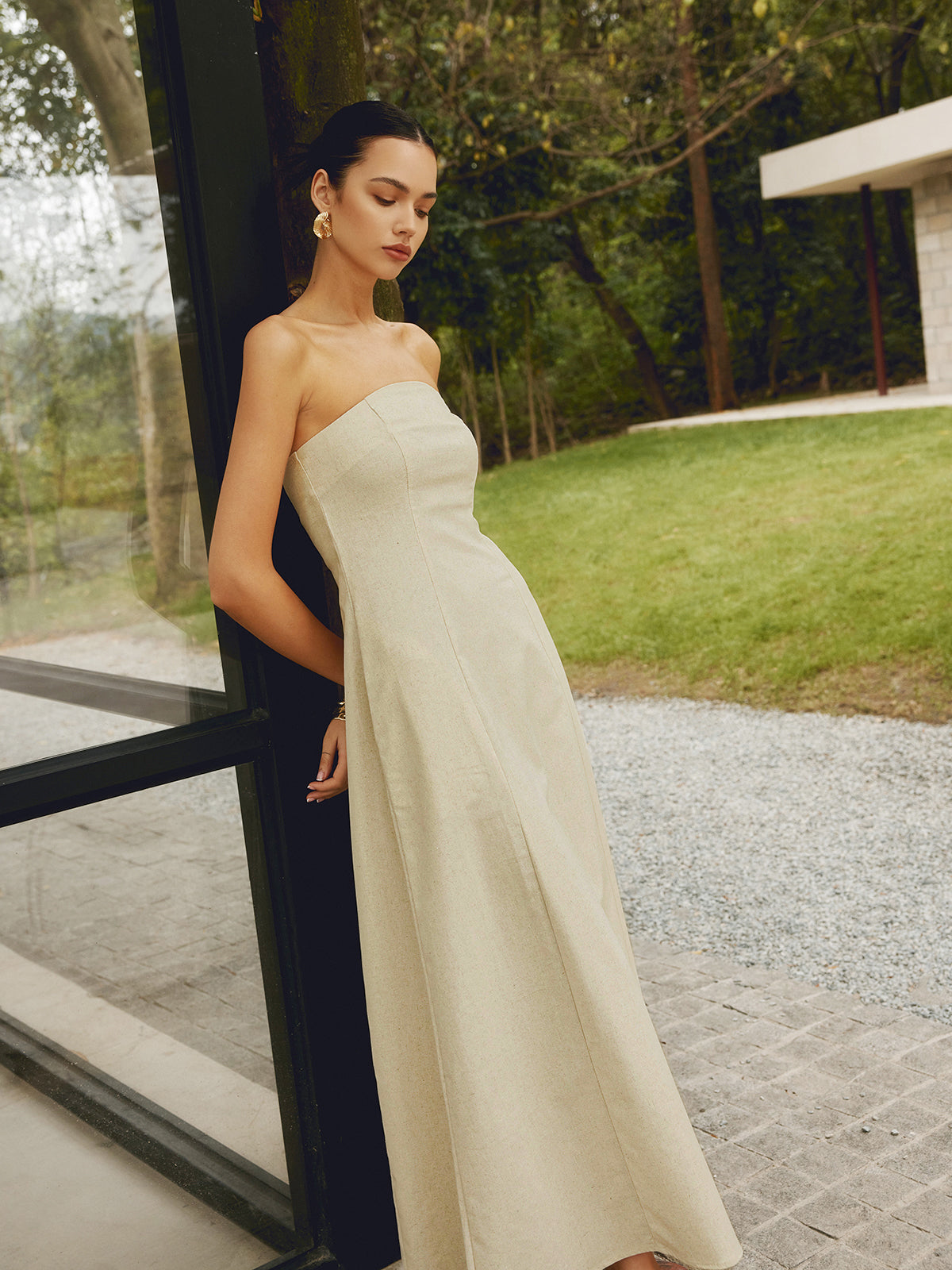 Cotton & Linen Shirred Pocket Long Dress-Chicvia