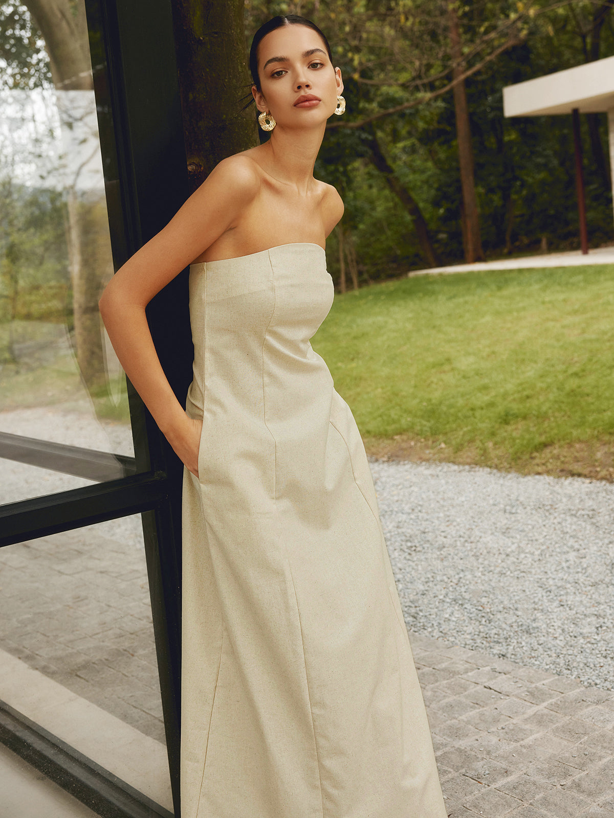 Cotton & Linen Shirred Pocket Long Dress-Chicvia