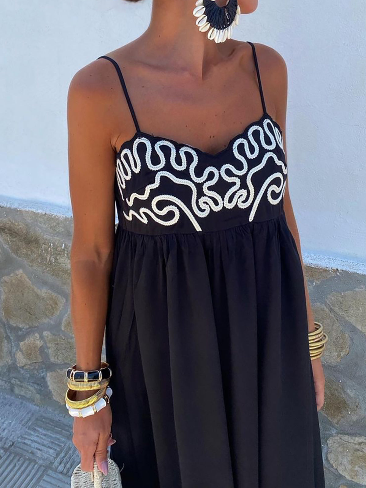 Embroidered Shirred Spaghetti Strap Long Dress-Chicvia