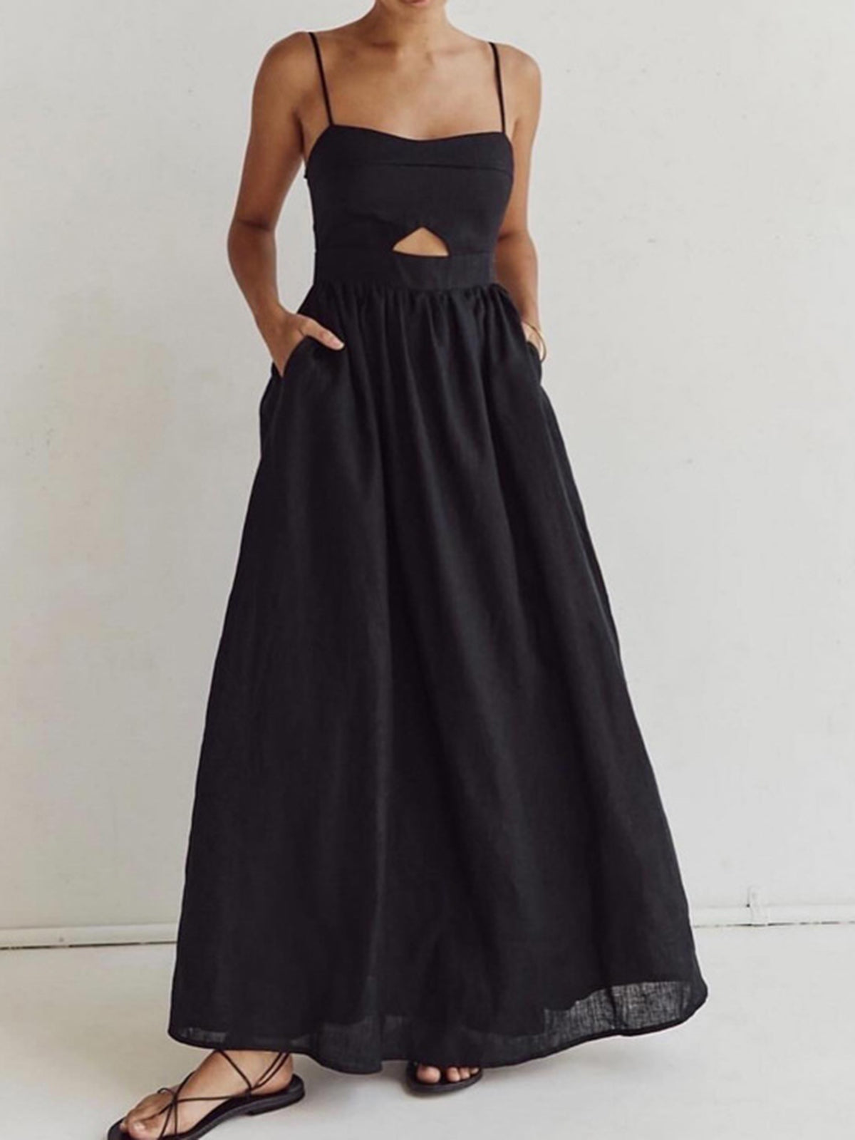 Cotton Sleeveless Pockets Cutout Long Dress-Chicvia