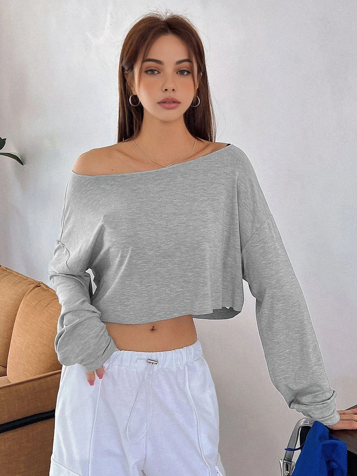 Casual Off-Shoulder Long Sleeve Short T-Shirt-Chicvia