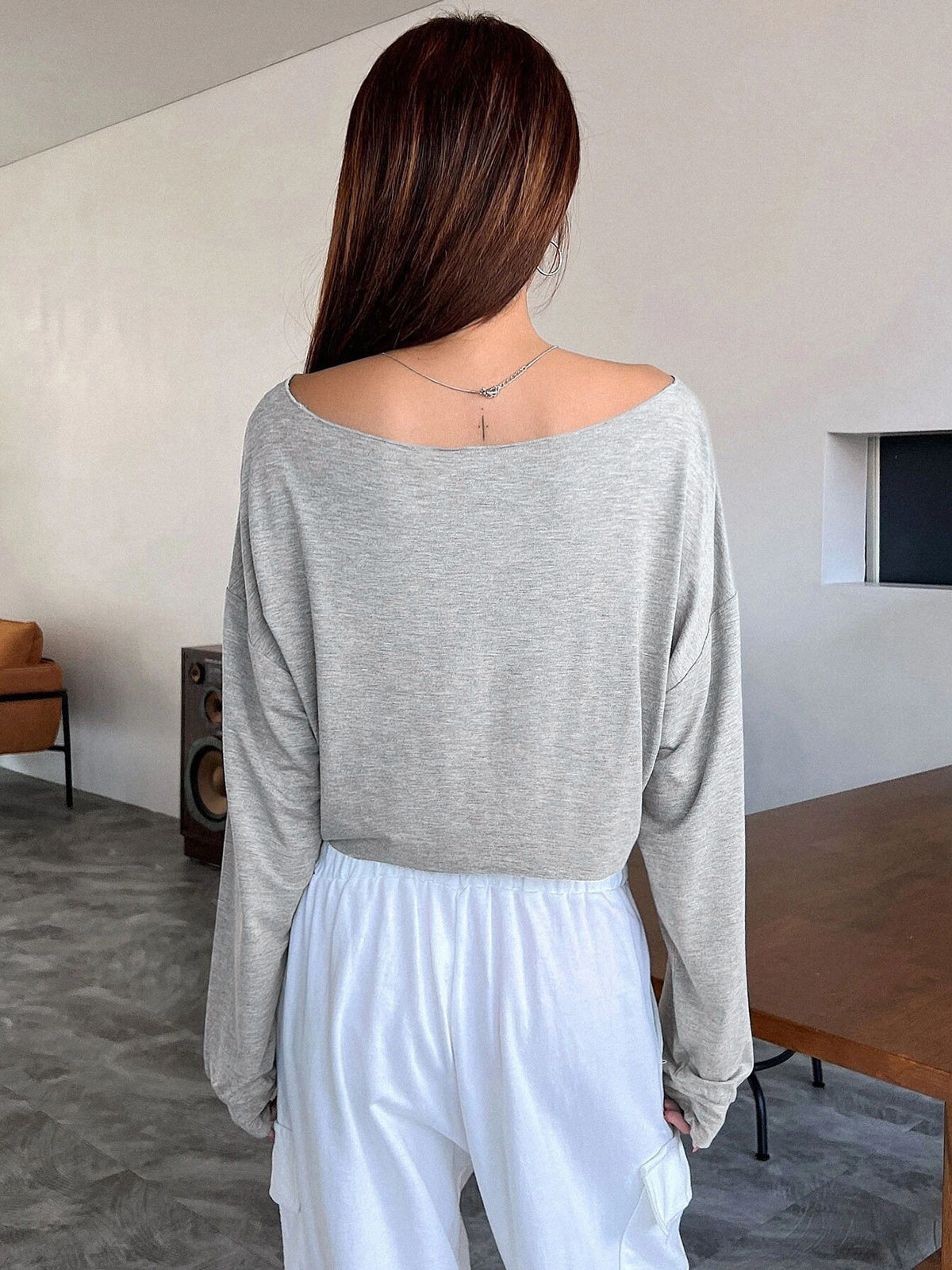 Casual Off-Shoulder Long Sleeve Short T-Shirt-Chicvia