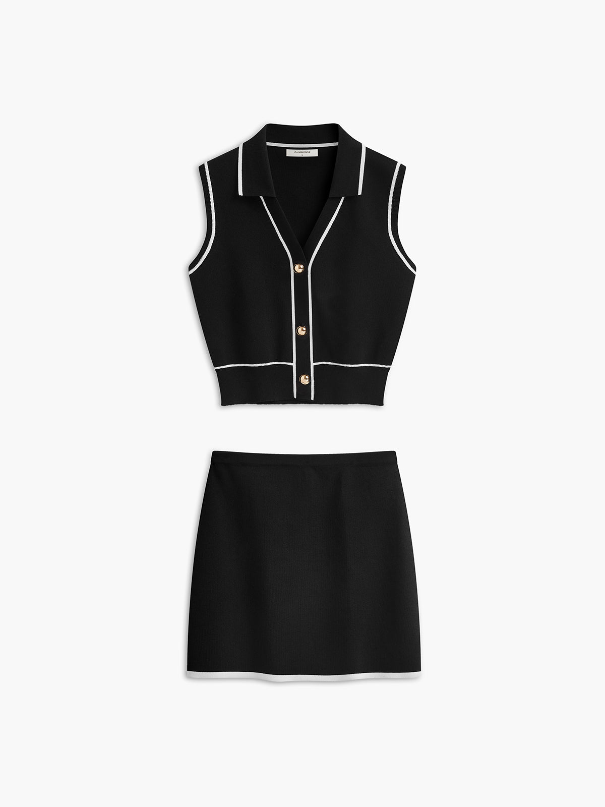 Button Front Contrast Binding Sleeveless Skirt Set-Chicvia