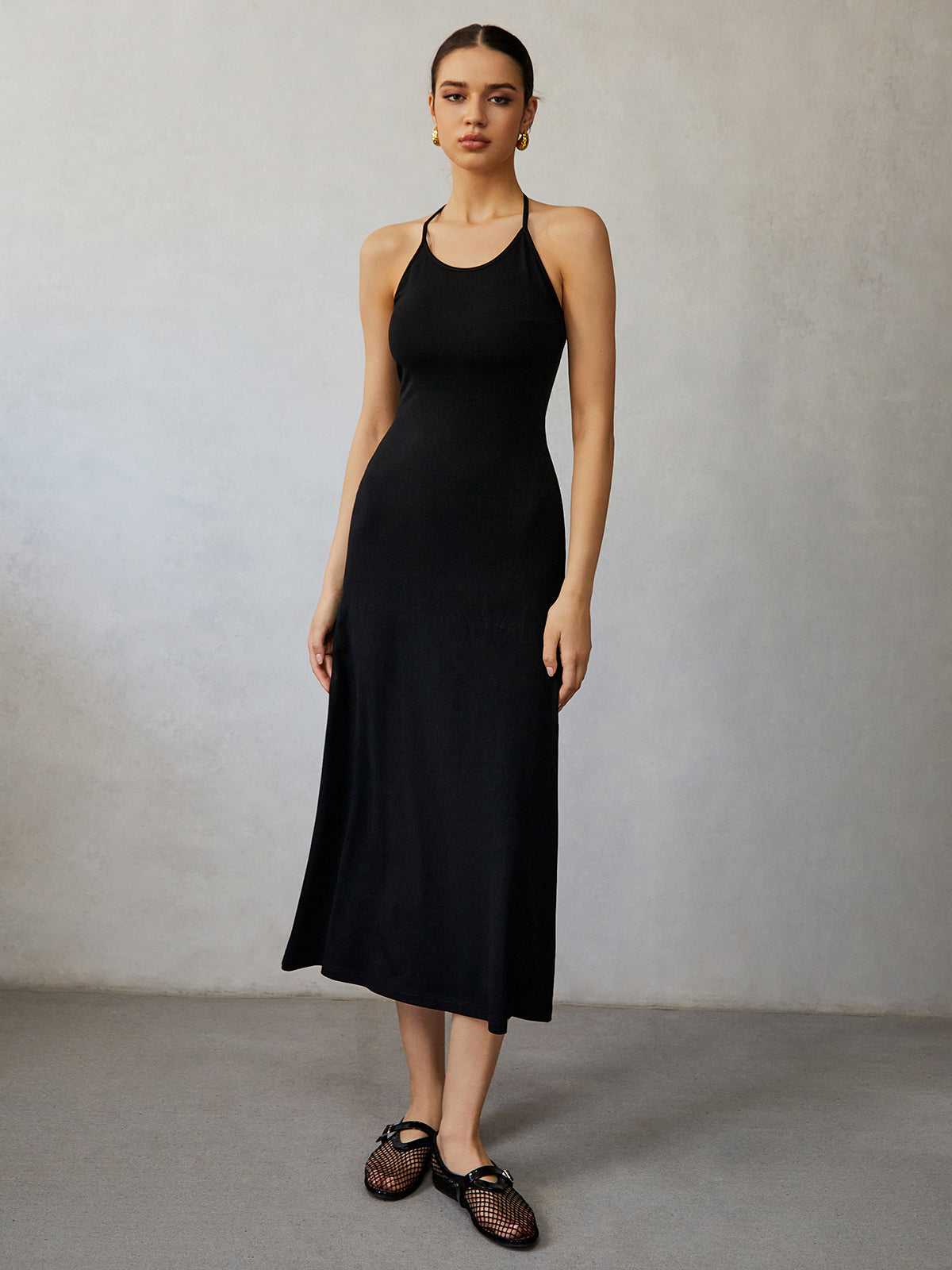 Halter Backless Midi Dress-Chicvia