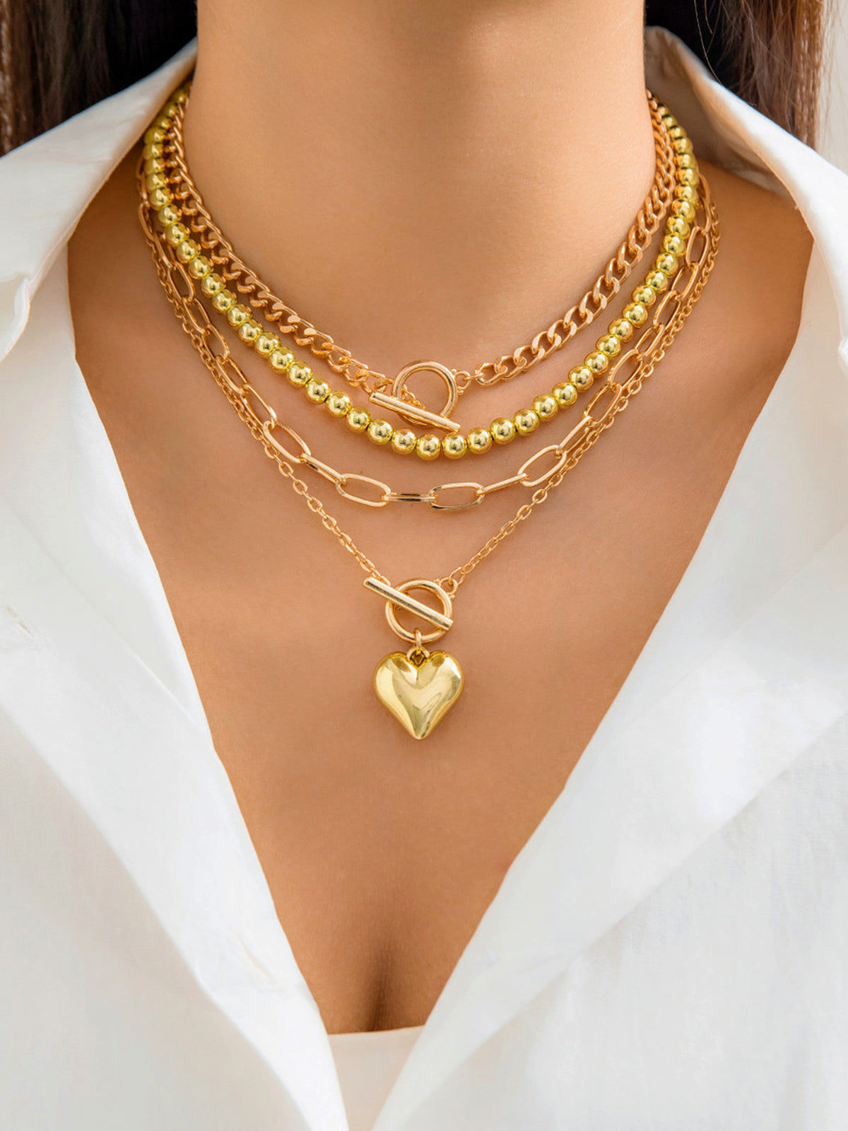 Heart Pendant Multi Chain Necklace-Chicvia