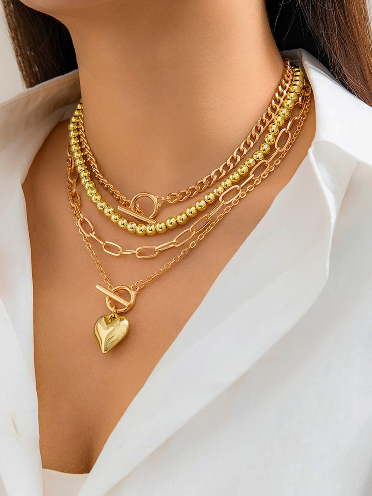 Heart Pendant Multi Chain Necklace-Chicvia