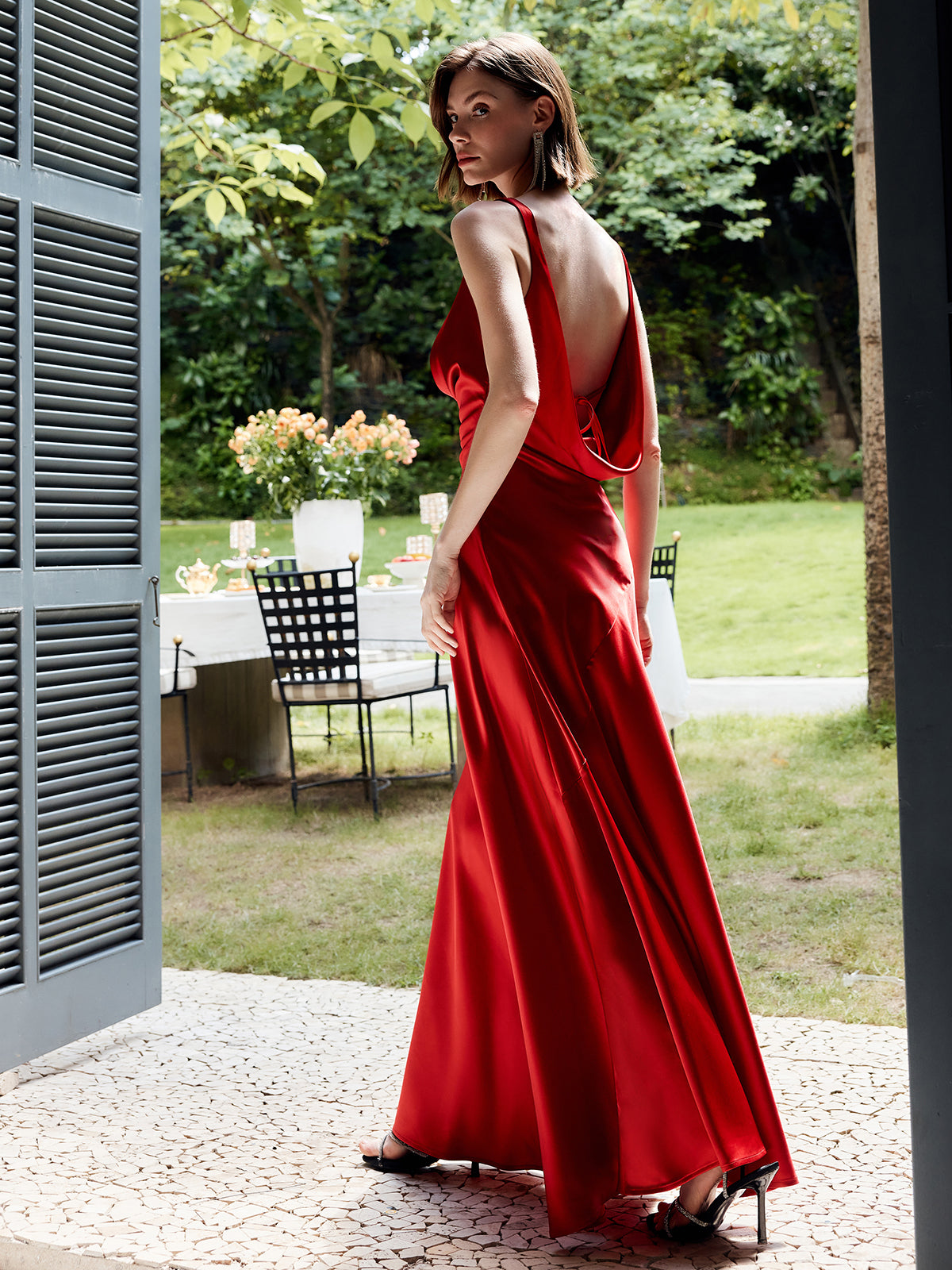 Pleated Backless Satin Tank Long Dress-Chicvia