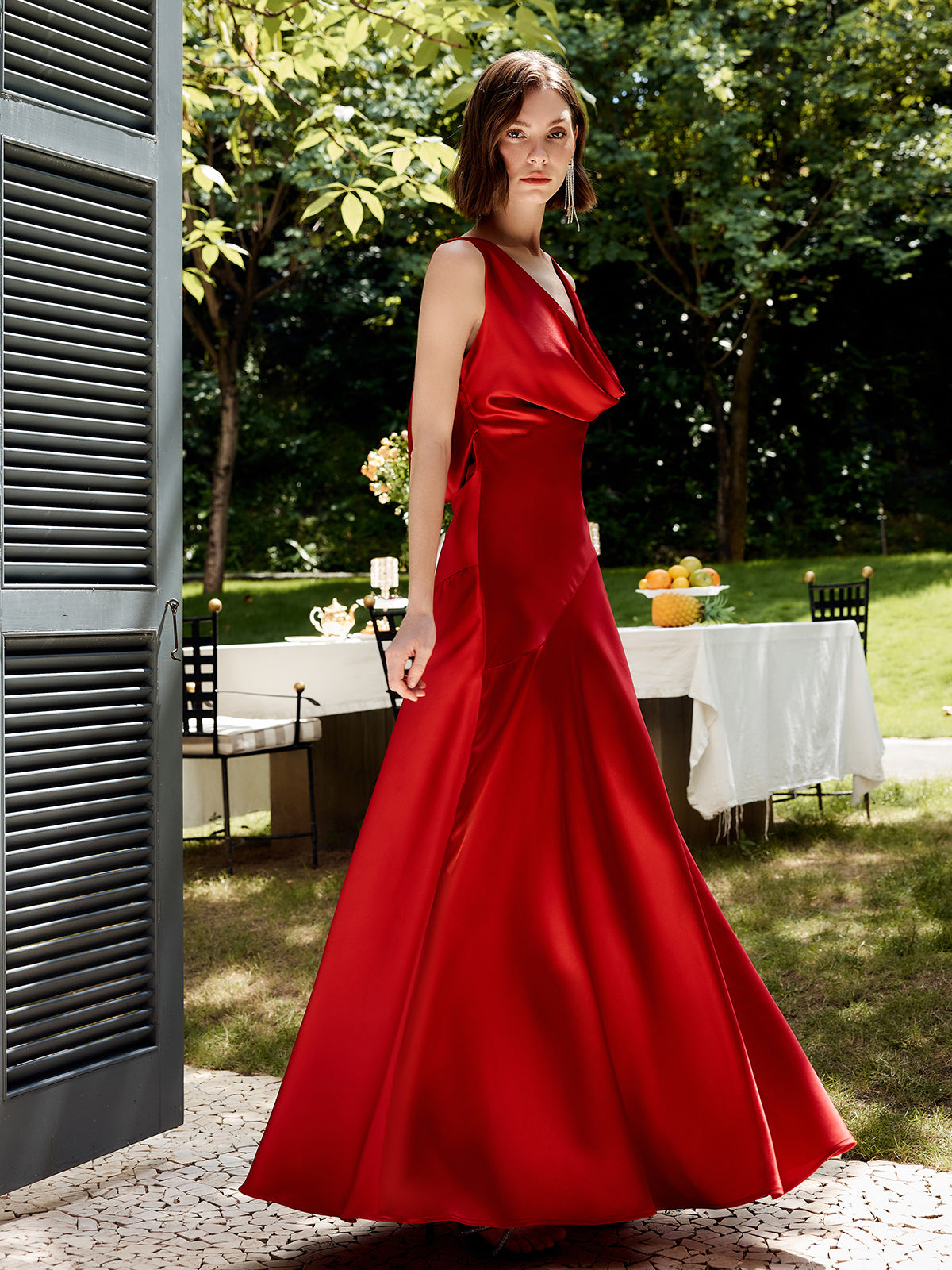 Pleated Backless Satin Tank Long Dress-Chicvia