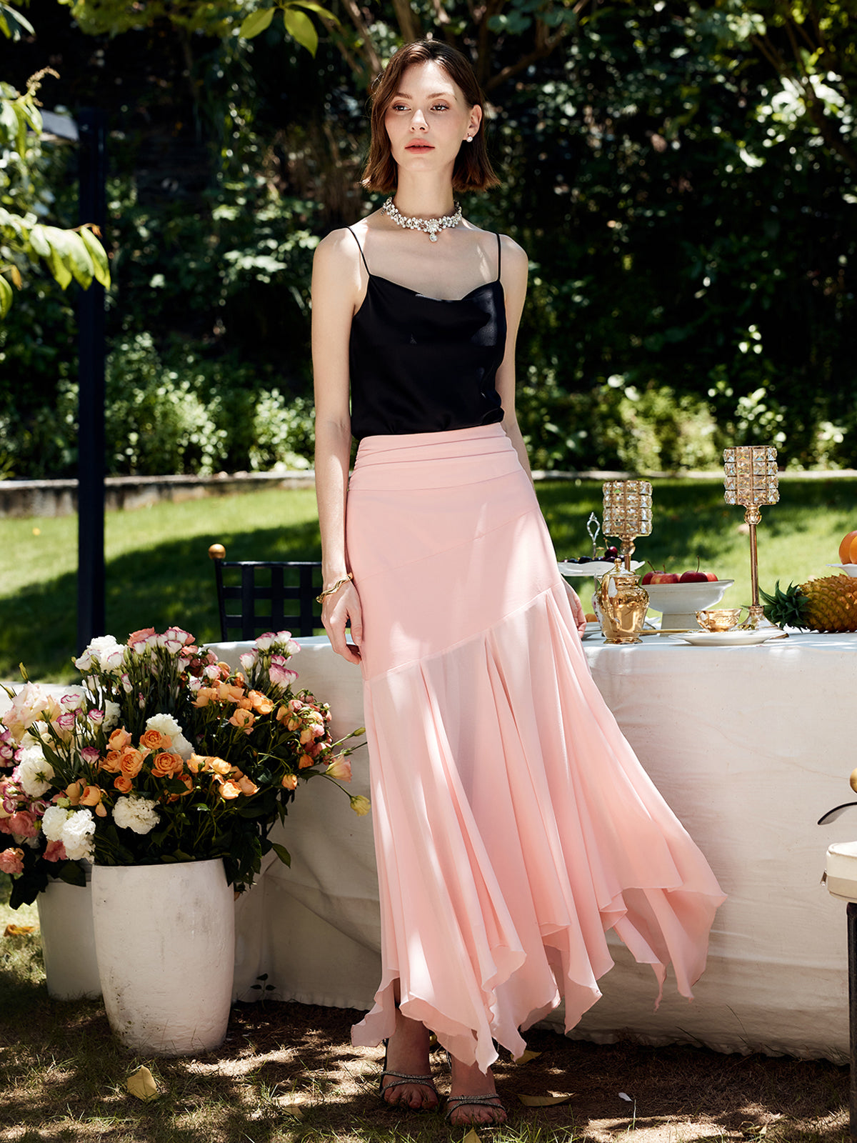 Paneled Pleated Maxi Skirt-Chicvia