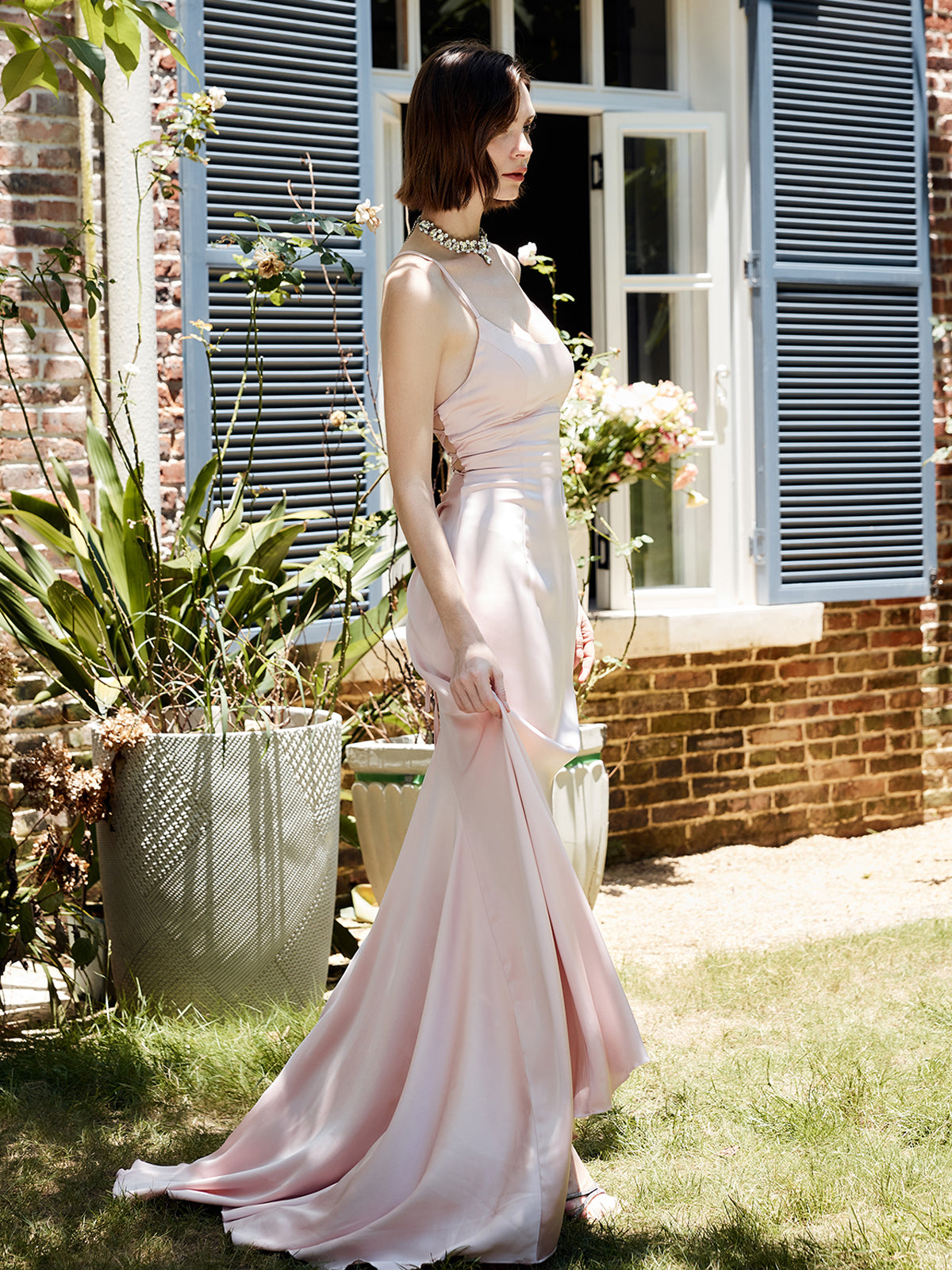 Drawstring Backless Lace Up Long Dress-Chicvia