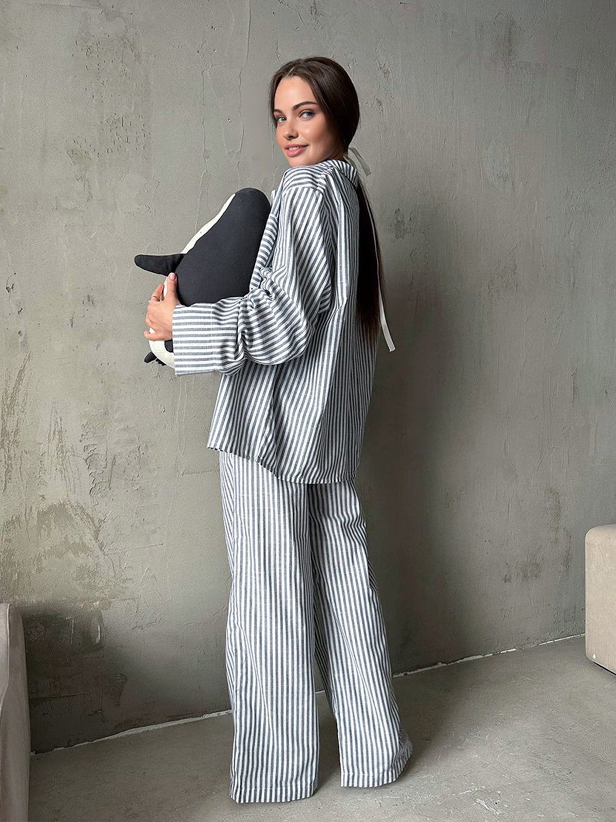 Pinstripe Lapel Long Sleeve Pants Set-Chicvia