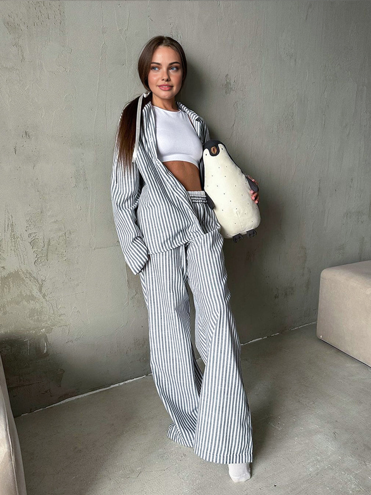 Pinstripe Lapel Long Sleeve Pants Set-Chicvia