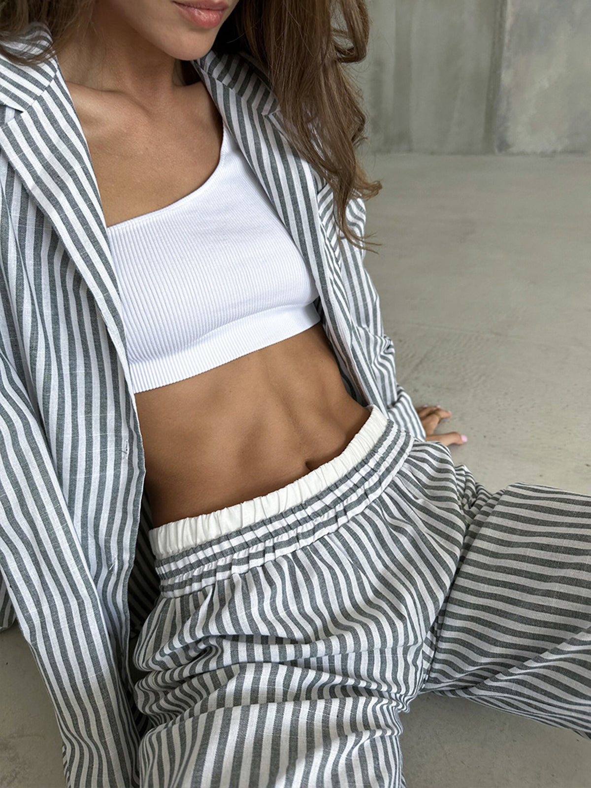 Pinstripe Lapel Long Sleeve Pants Set-Chicvia