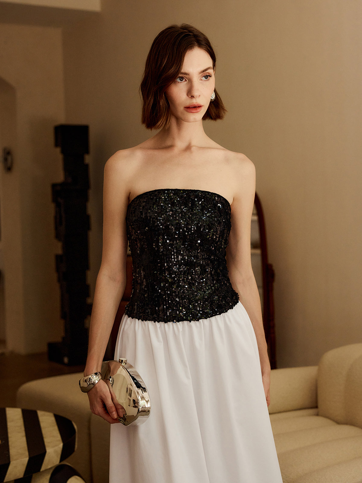 Pleated Sequins Tube Long Dress-Chicvia