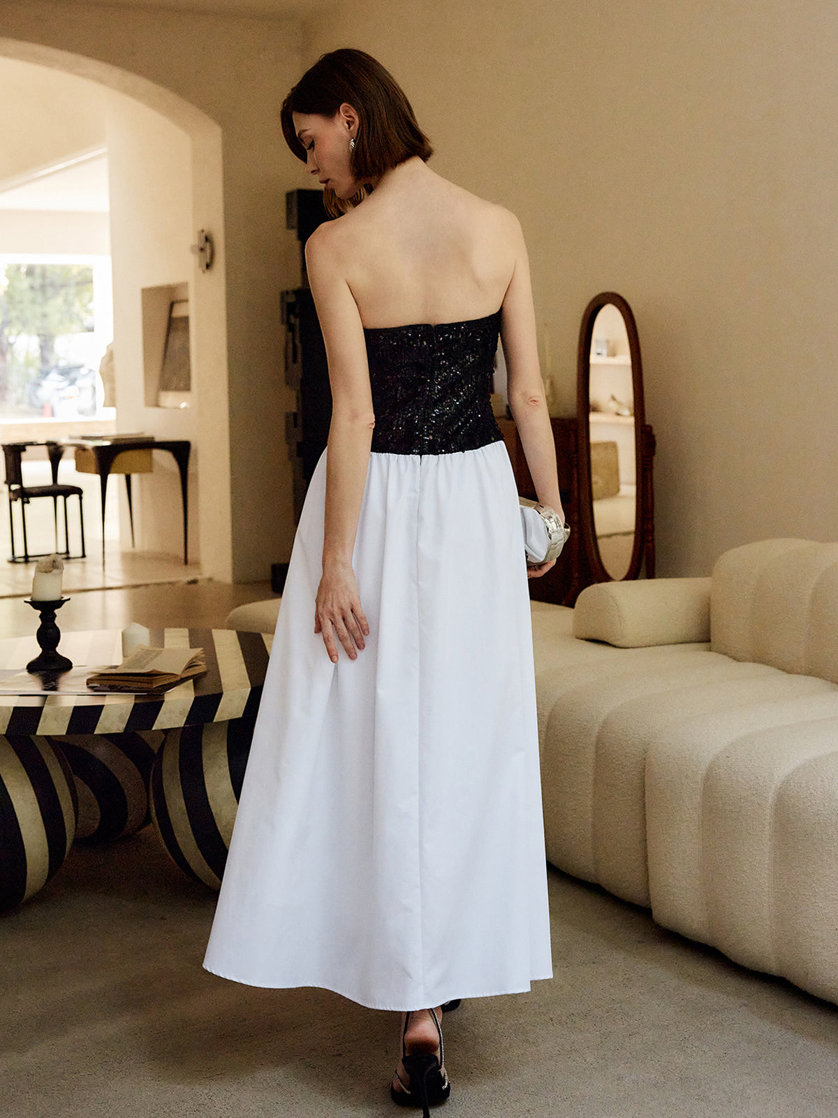 Pleated Sequins Tube Long Dress-Chicvia