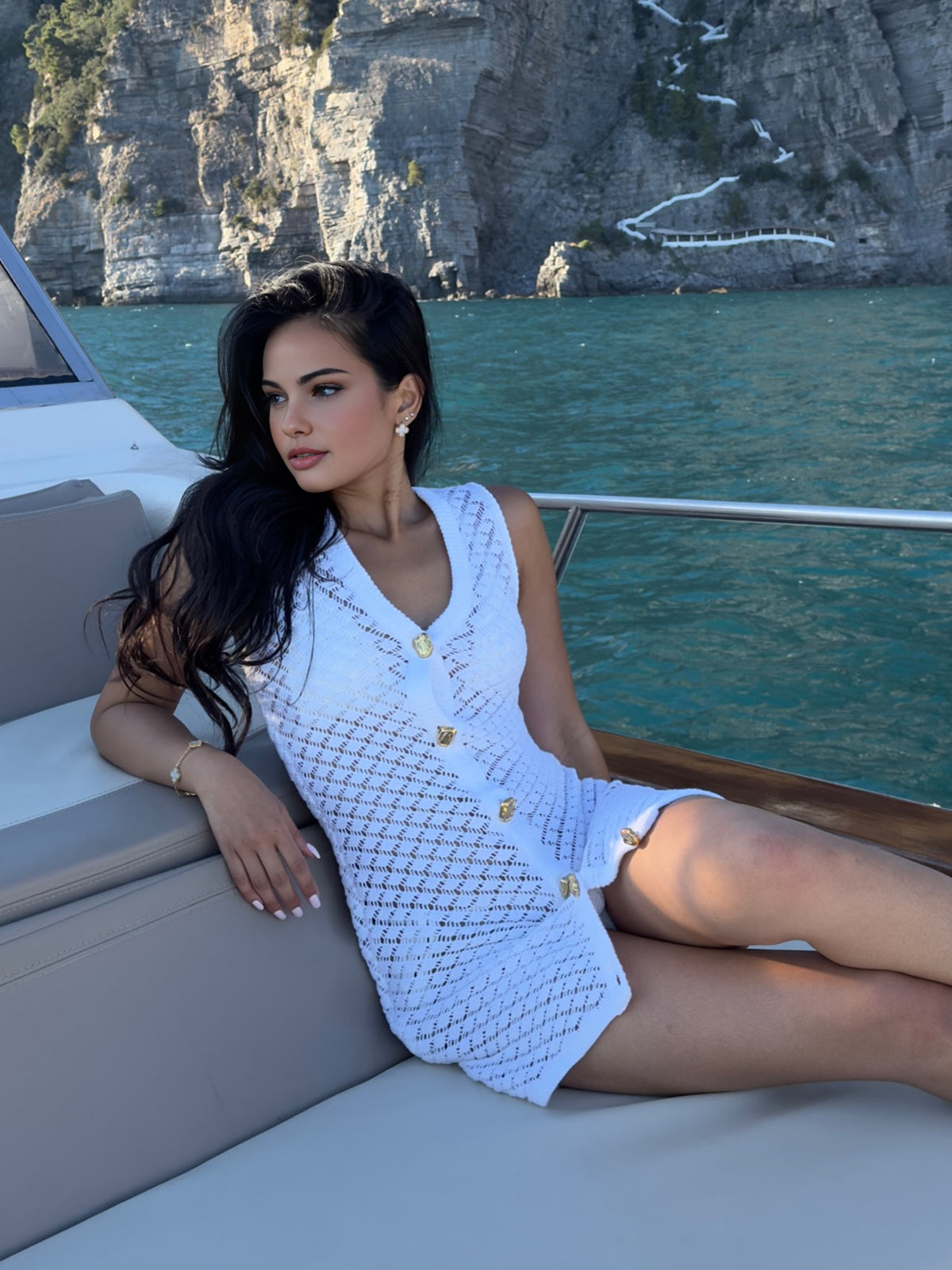 Cutout Button V-Neck Sweater Dress-Chicvia