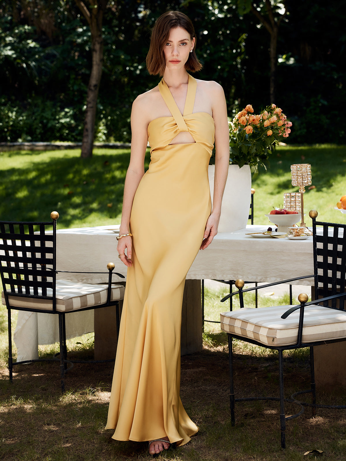 Halter Backless Satin Long Dress-Chicvia