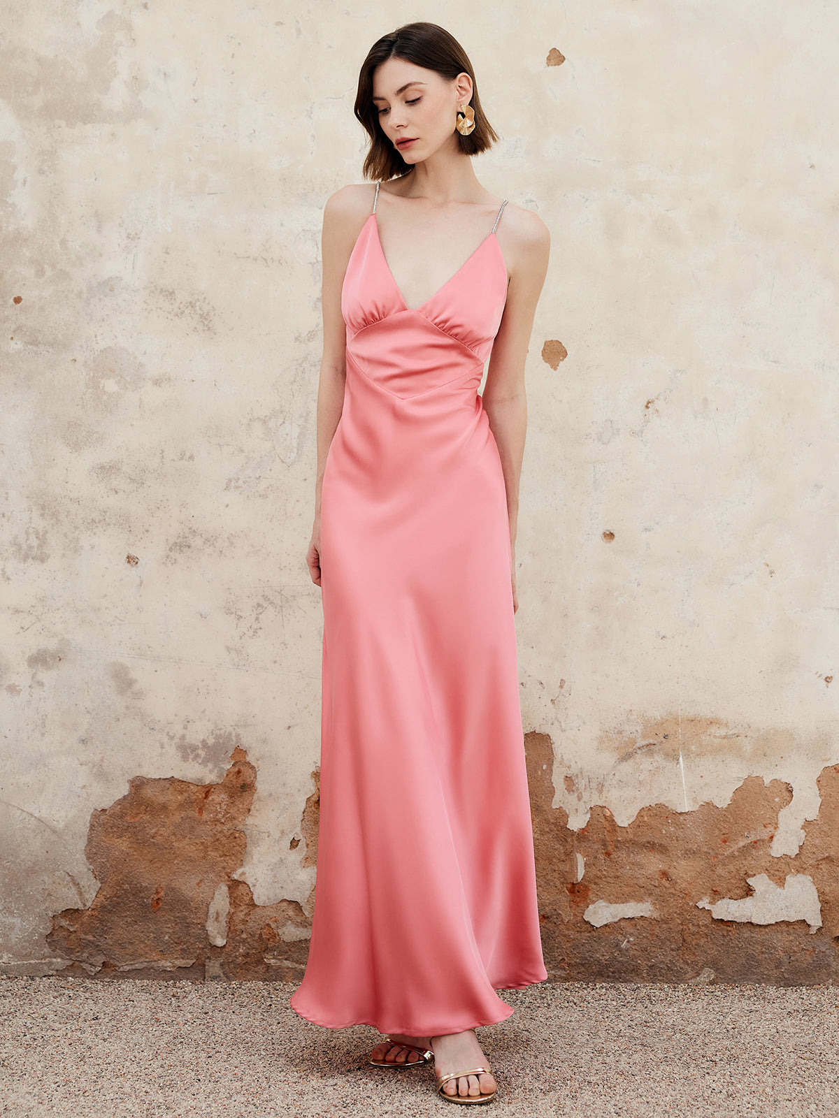 Pleated Backless Cami Long Dress-Chicvia