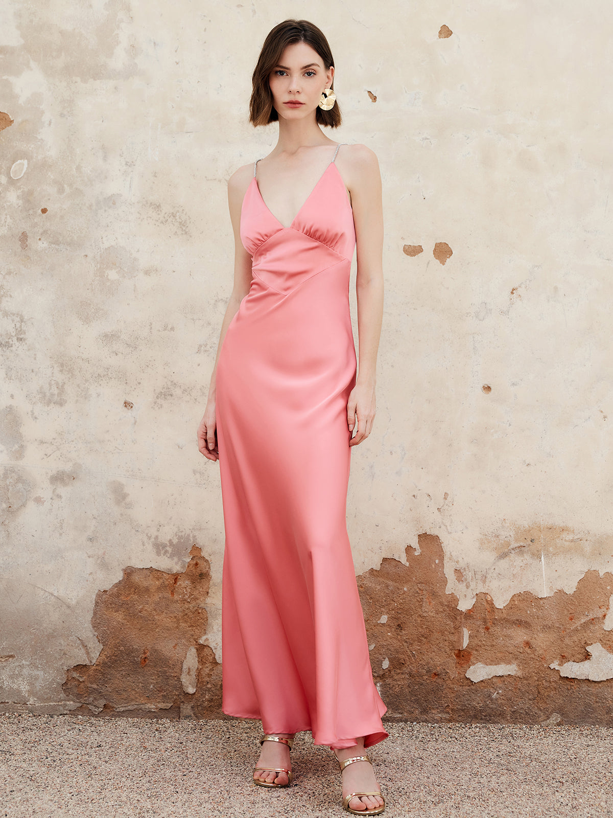 Pleated Backless Cami Long Dress-Chicvia