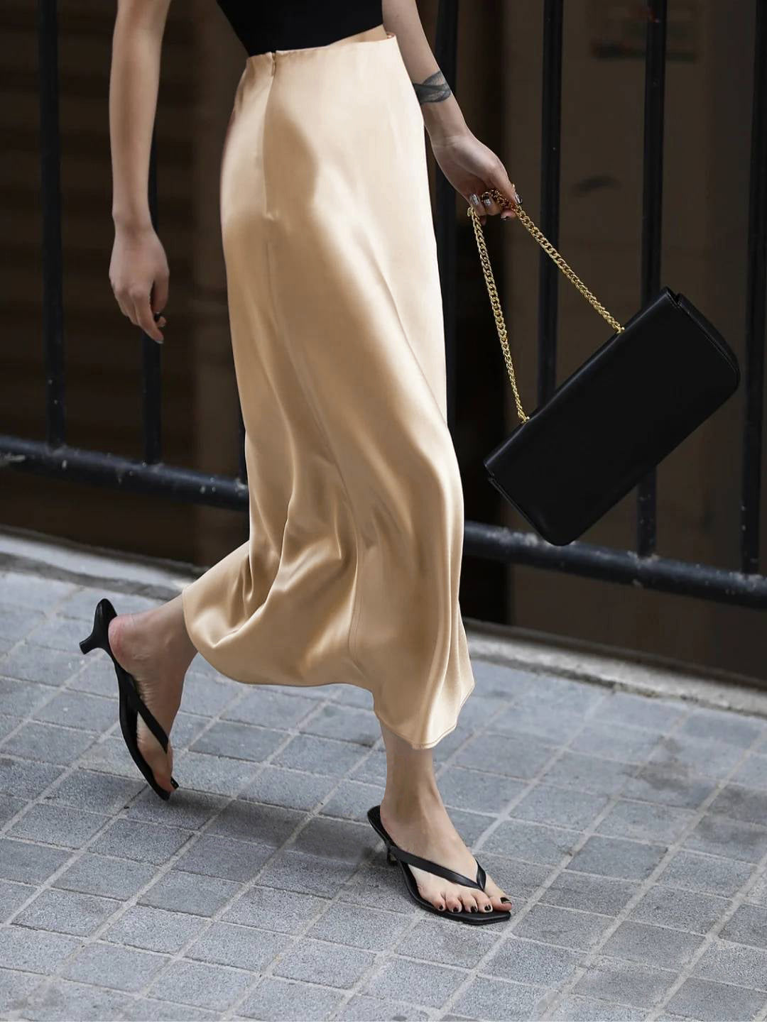 Creamy Cappuccino Satin Midi Skirt-Chicvia