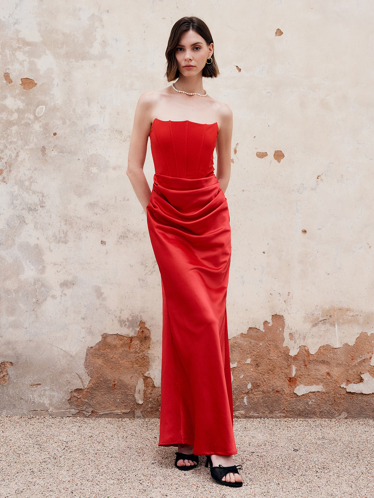 Pleated Zipper Tube Long Dress-Chicvia