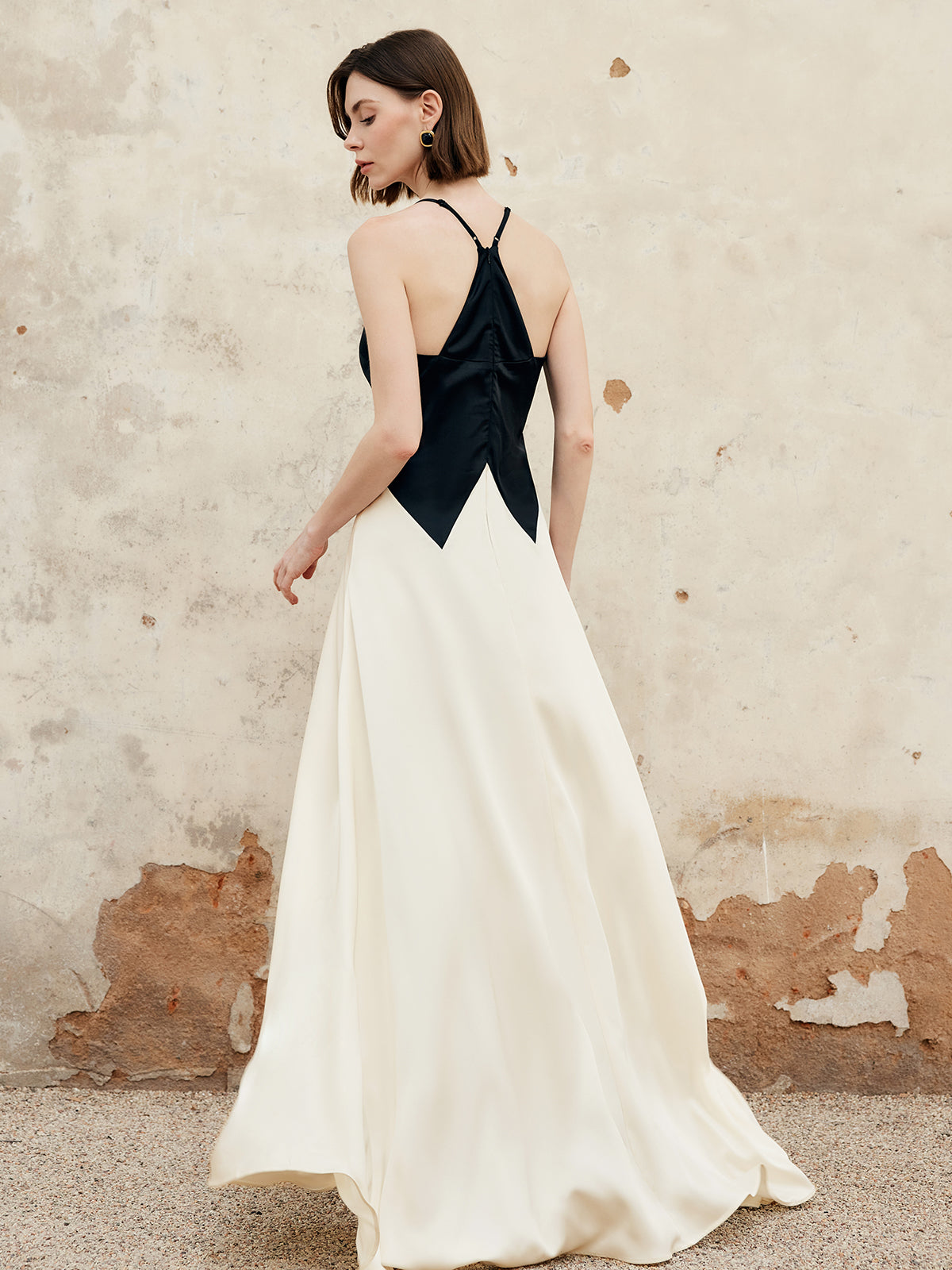 Color Block Pleated Cutout Cami Long Dress-Chicvia